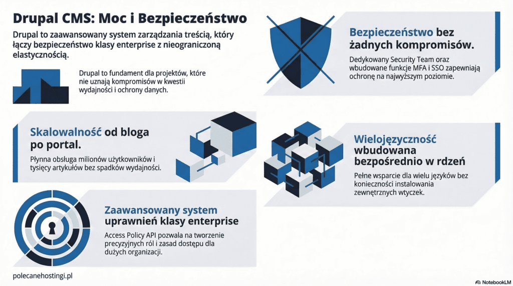 Zalety Drupal: bezpieczeństwo klasy enterprise, skalowalność od bloga po portal, wielojęzyczność i zaawansowane uprawnienia.