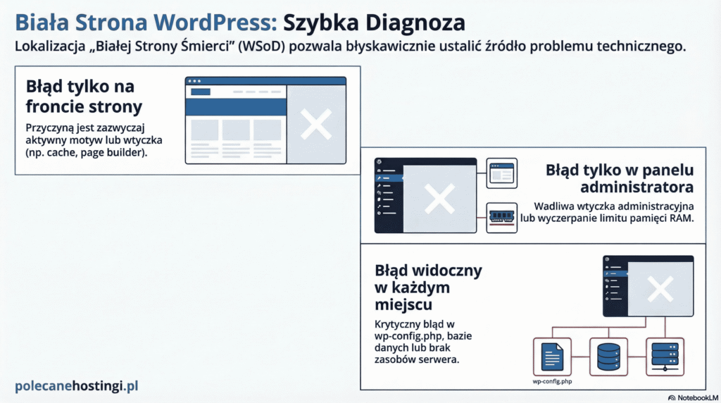 Infografika przedstawiająca ścieżkę diagnostyczną błędu White Screen of Death w WordPress dla frontu, panelu i błędów globalnych.