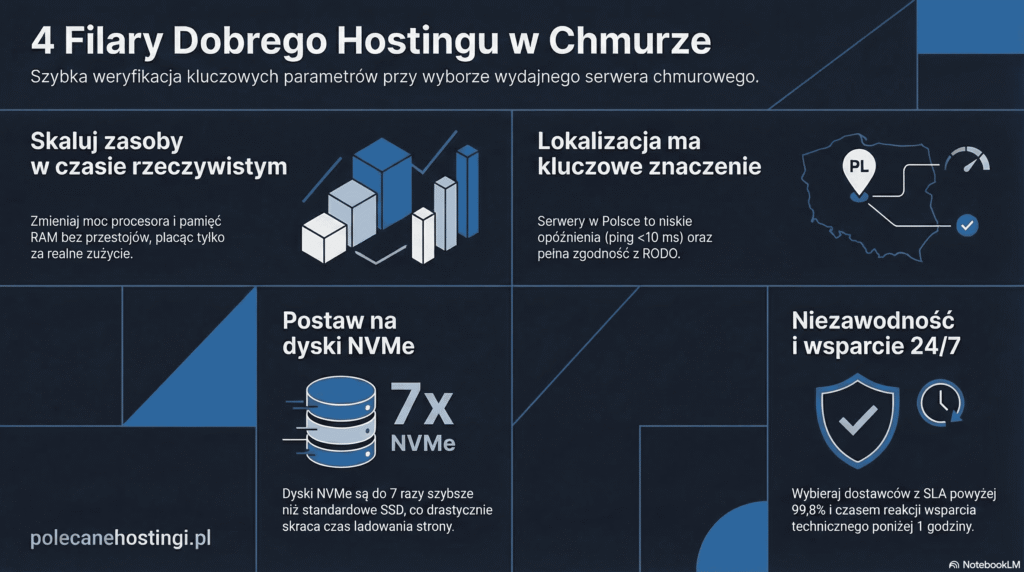 Zasady wyboru cloud hostingu: skalowanie zasobów, lokalizacja w Polsce, dyski NVMe i wsparcie 24/7.