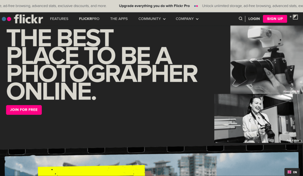 Strona startowa Flickr z hasłem o najlepszym miejscu dla fotografów online.