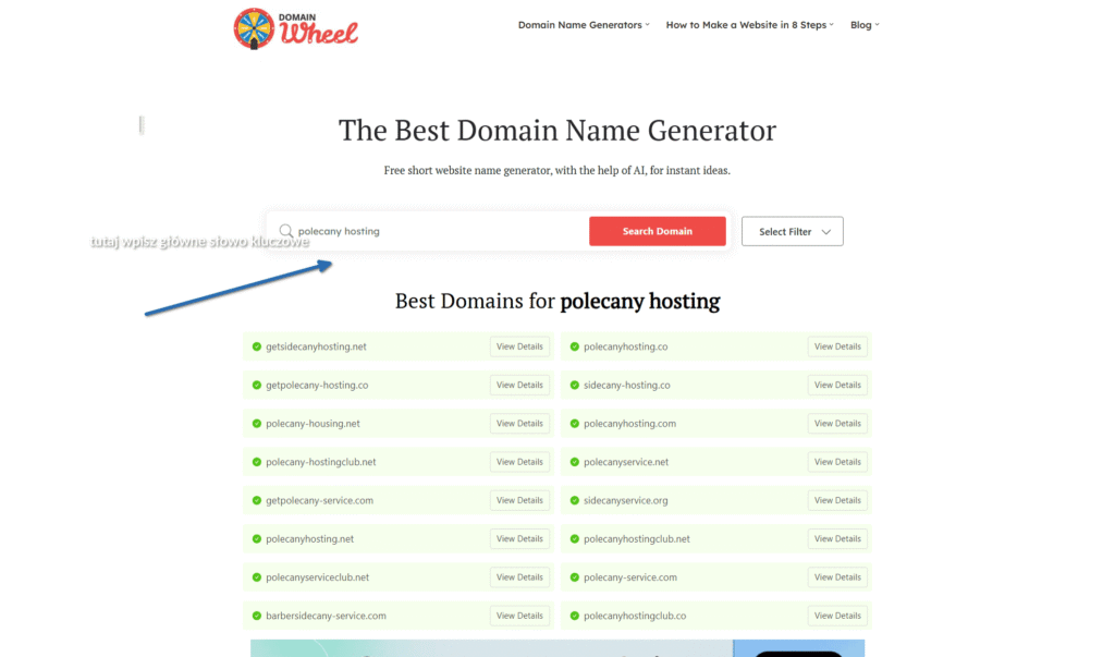 Wyszukiwarka propozycji domen w serwisie Domain Wheel dla frazy polecany hosting.