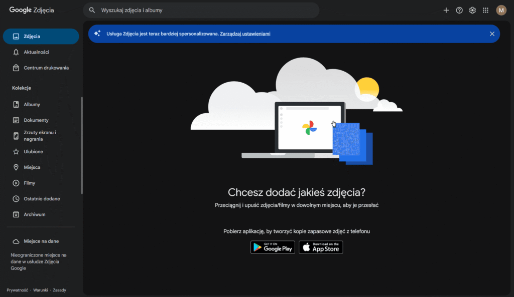 Pusty stan biblioteki Google Zdjęcia z zachętą do przesyłania plików.