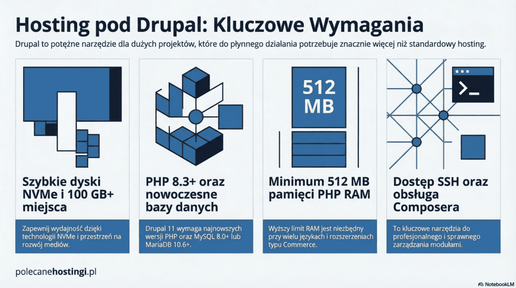 Tabela wymagań dla Drupal: dyski NVMe, PHP 8.3+, minimum 512MB RAM oraz dostęp SSH z obsługą Composera.