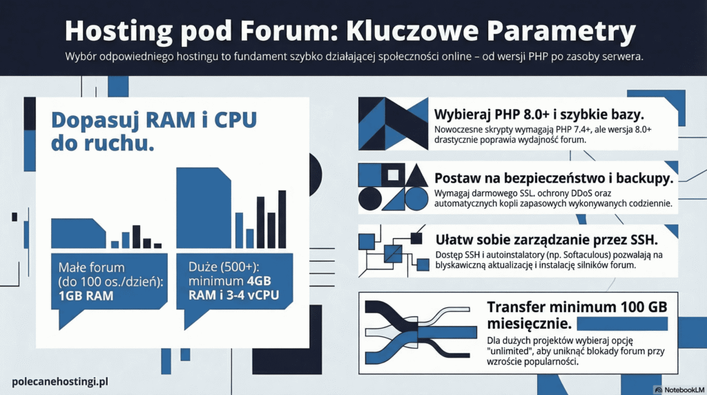 Wymagania techniczne hostingu pod forum: dobór RAM i CPU, PHP 8.0, backupy, SSH i transfer miesięczny.