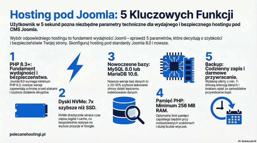 5 funkcji hostingu Joomla: PHP 8.3+, dyski NVMe, bazy MySQL 8.0, 256MB RAM i codzienny backup.