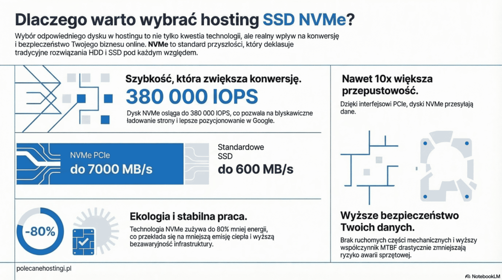 Zalety dysków SSD NVMe w hostingu: 380 tys. IOPS, przepustowość 7000 MB/s, ekologia i bezpieczeństwo.