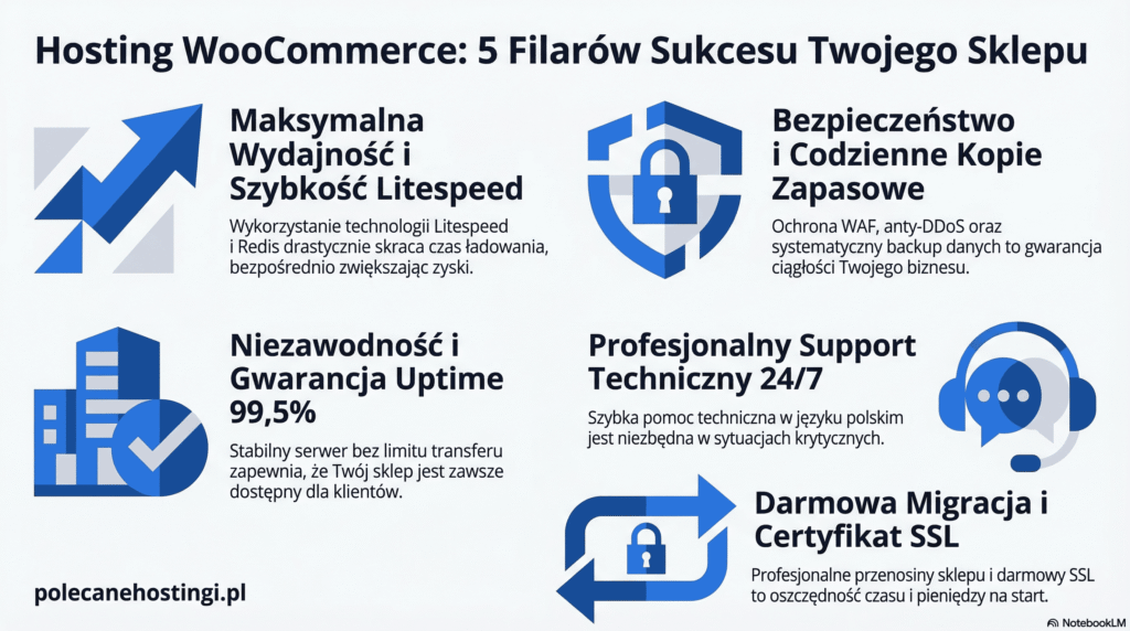 Wykaz 5 filarów hostingu WooCommerce: wydajność LiteSpeed, bezpieczeństwo, uptime 99,5%, support 24/7 i darmowa migracja.