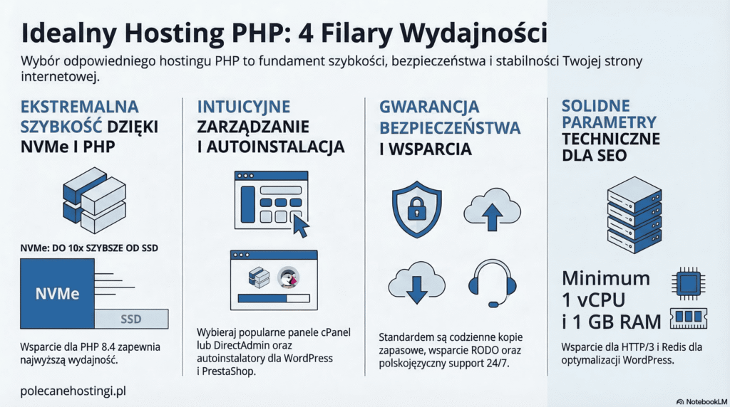 Charakterystyka hostingu PHP: szybkość NVMe, panele cPanel/DirectAdmin, RODO i parametry pod SEO.