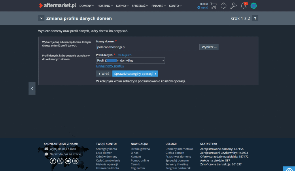 Formularz zmiany profilu danych domeny w panelu AfterMarket.pl