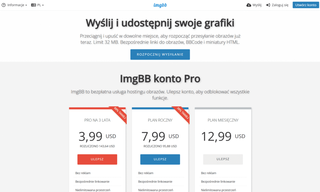 Tabela z planami taryfowymi serwisu ImgBB