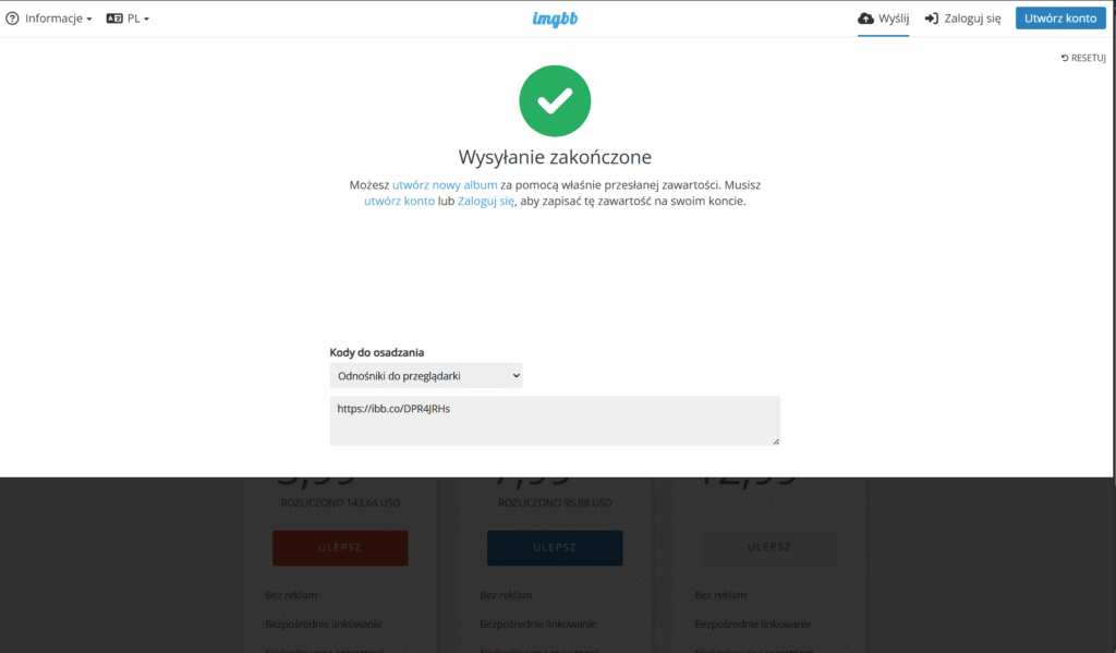 Potwierdzenie przesłania zdjęcia w ImgBB z wygenerowanym linkiem do przeglądarki.