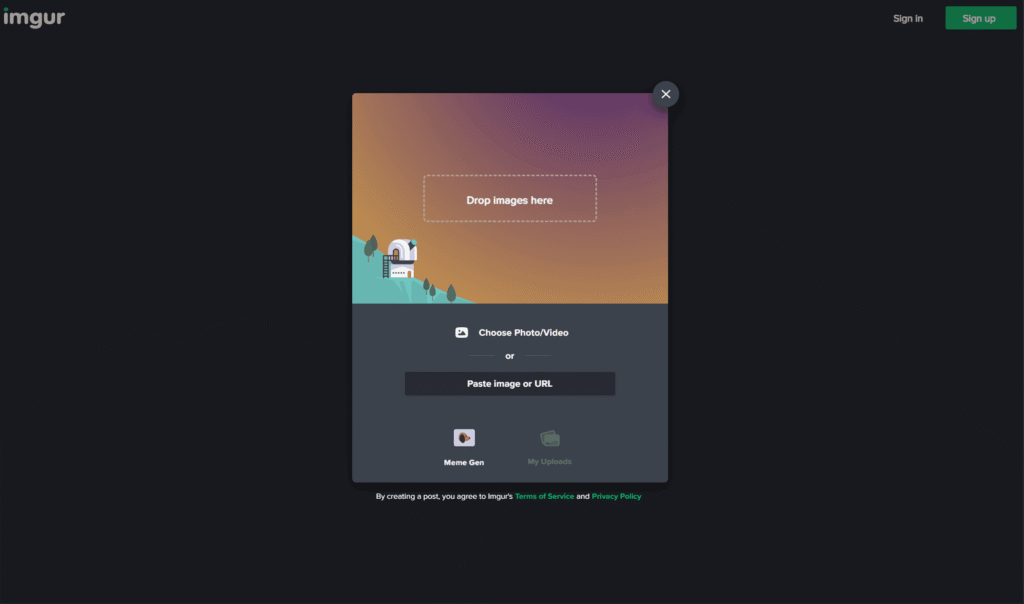 Okno pop-up w serwisie Imgur służące do przeciągania i upuszczania obrazów.