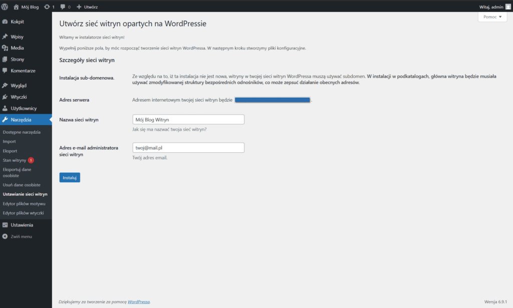 Ekran konfiguracji sieci witryn w WordPressie z wyborem subdomen