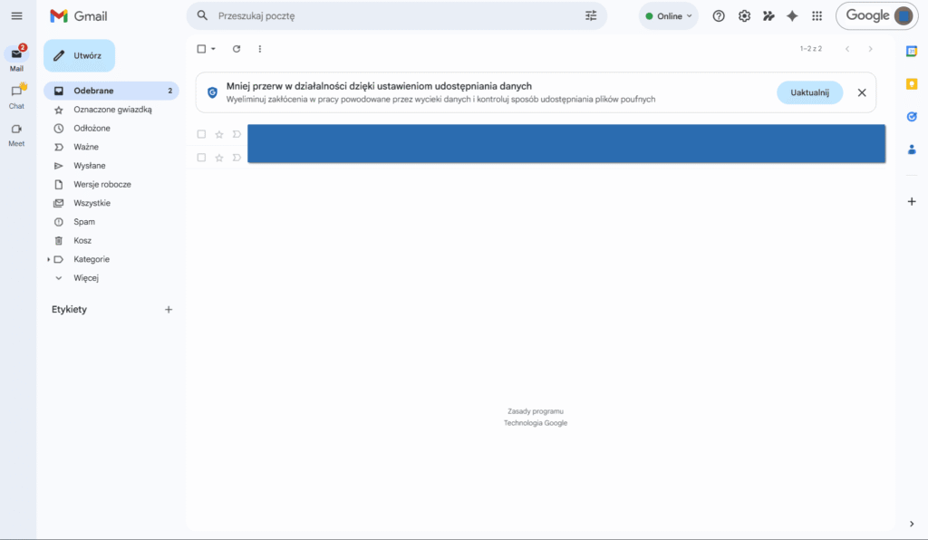 Widok skrzynki odbiorczej Gmail z otwartym menu bocznym i paskiem wyszukiwania.