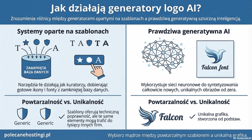 Porównanie generatorów logo AI: systemy oparte na szablonach (powtarzalność) kontra prawdziwa generatywna sztuczna inteligencja (unikalność).