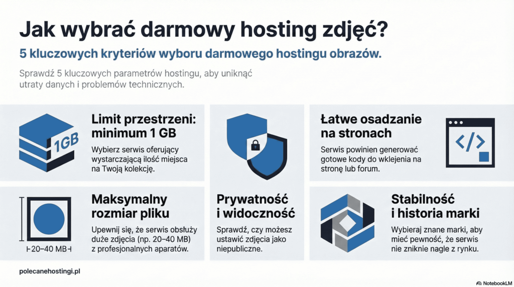 Infografika przedstawiająca 5 kryteriów wyboru hostingu zdjęć: limit miejsca 1GB, rozmiar pliku do 40MB, prywatność, łatwe osadzanie kodów oraz stabilność marki.