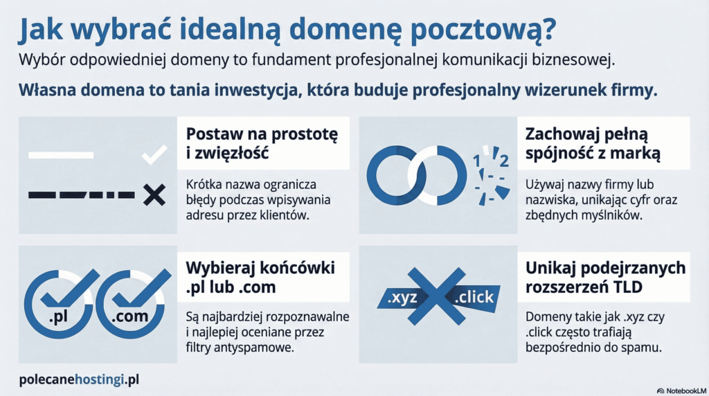Cztery zasady wyboru domeny: prostota, spójność z marką, wybór rozszerzeń .pl/.com oraz unikanie podejrzanych końcówek TLD.