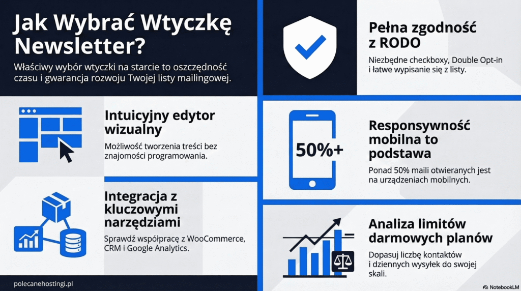 Zestawienie kryteriów wyboru wtyczki newsletter: RODO, edytor wizualny, responsywność i limity darmowych planów.