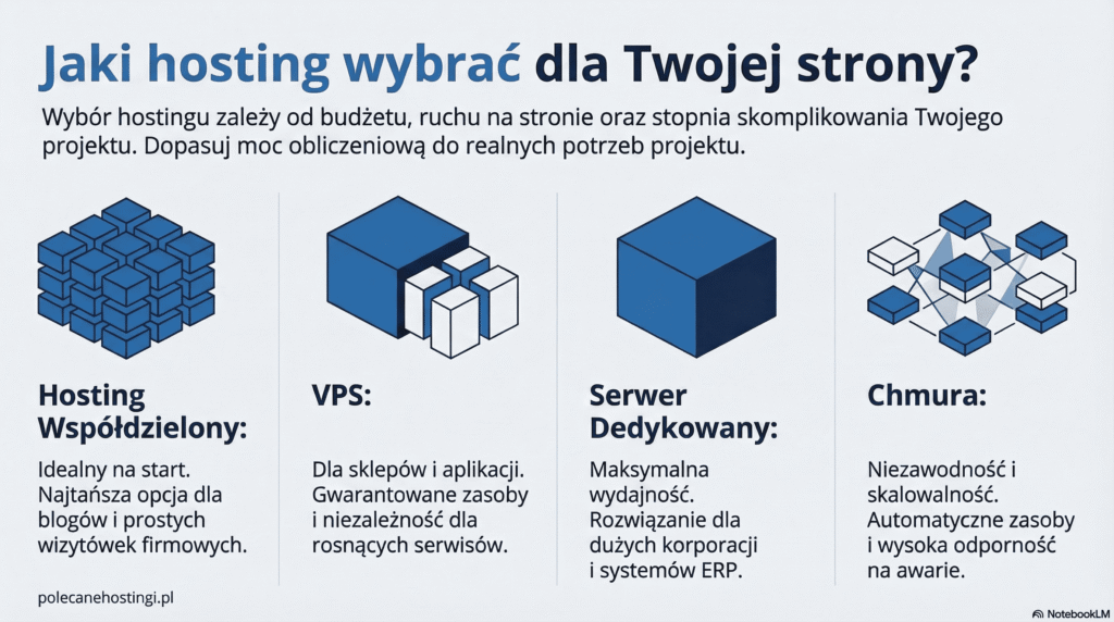 Porównanie czterech typów hostingu: współdzielony (dla blogów), VPS (dla sklepów), dedykowany (dla korporacji) oraz chmura (skalowalność).