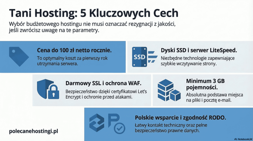 Infografika: 5 cech dobrego taniego hostingu: cena do 100zl, SSD LiteSpeed, SSL i WAF, pojemnosc 3GB, zgodnosc z RODO.