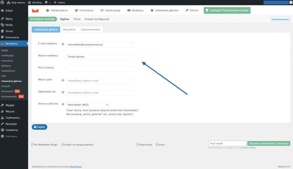 Główne ustawienia konfiguracji nadawcy e-mail we wtyczce Newsletter.