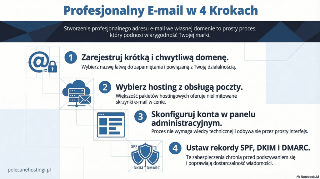 Proces tworzenia profesjonalnego e-maila: rejestracja domeny, hosting, konfiguracja panelu oraz ustawienie rekordów SPF, DKIM i DMARC.