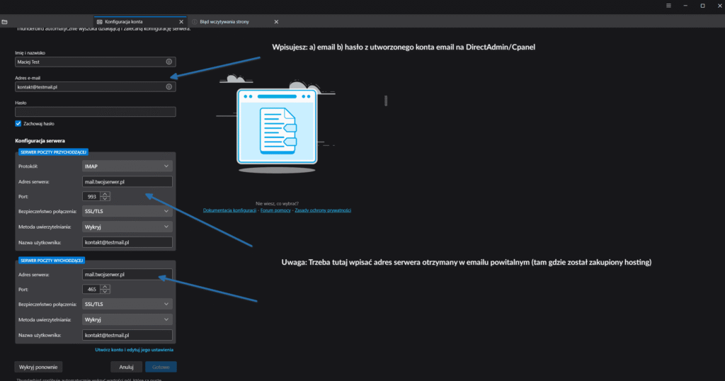 Ustawienia serwera poczty przychodzącej IMAP i wychodzącej SMTP w programie Mozilla Thunderbird.