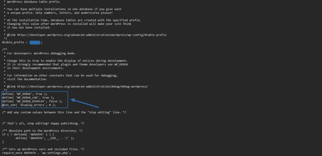 Fragment pliku wp-config.php z włączoną funkcją WP_DEBUG oraz WP_DEBUG_LOG do rejestrowania błędów.