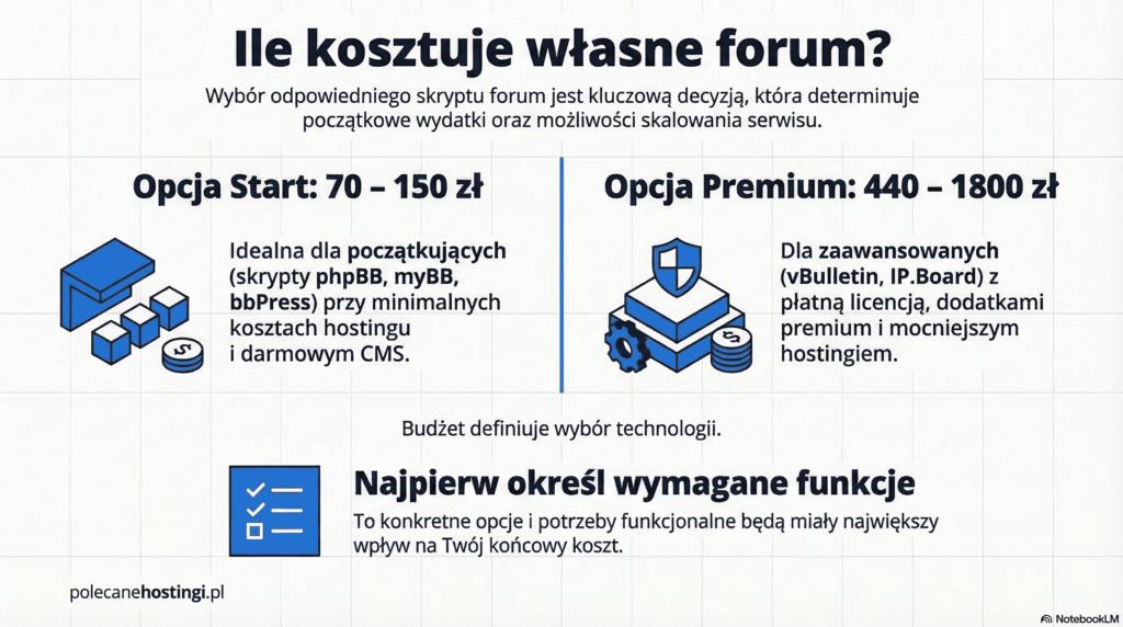Porównanie kosztów forum: opcja Start (skrypty darmowe) vs opcja Premium (płatne licencje i mocny hosting).