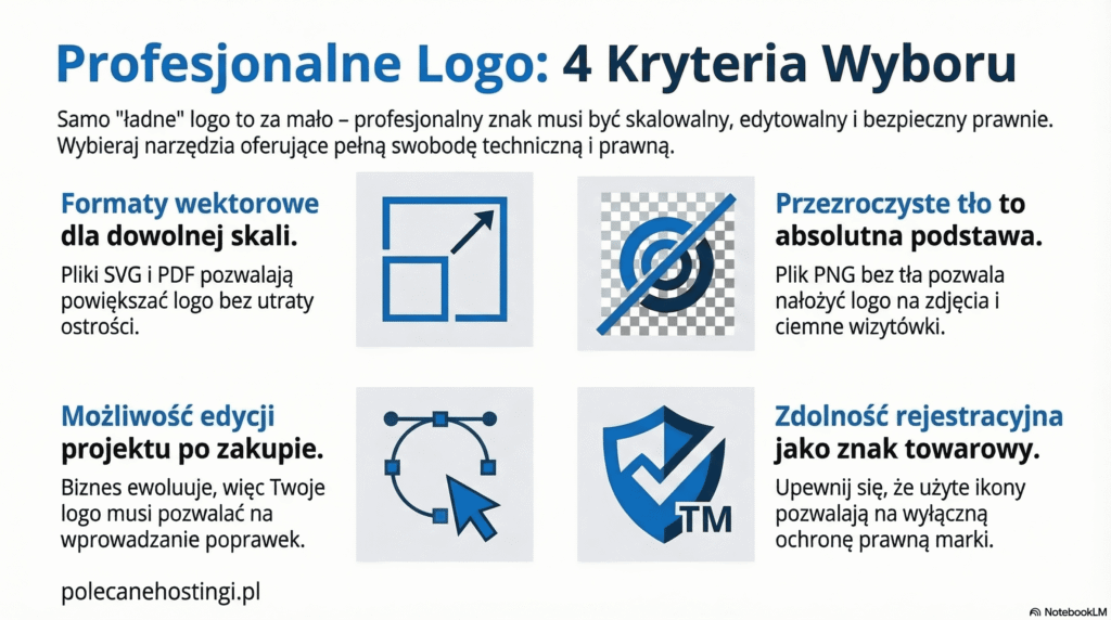 Infografika przedstawiająca 4 kryteria wyboru logo: formaty wektorowe, przezroczyste tło, edytowalność i zdolność rejestracyjną.