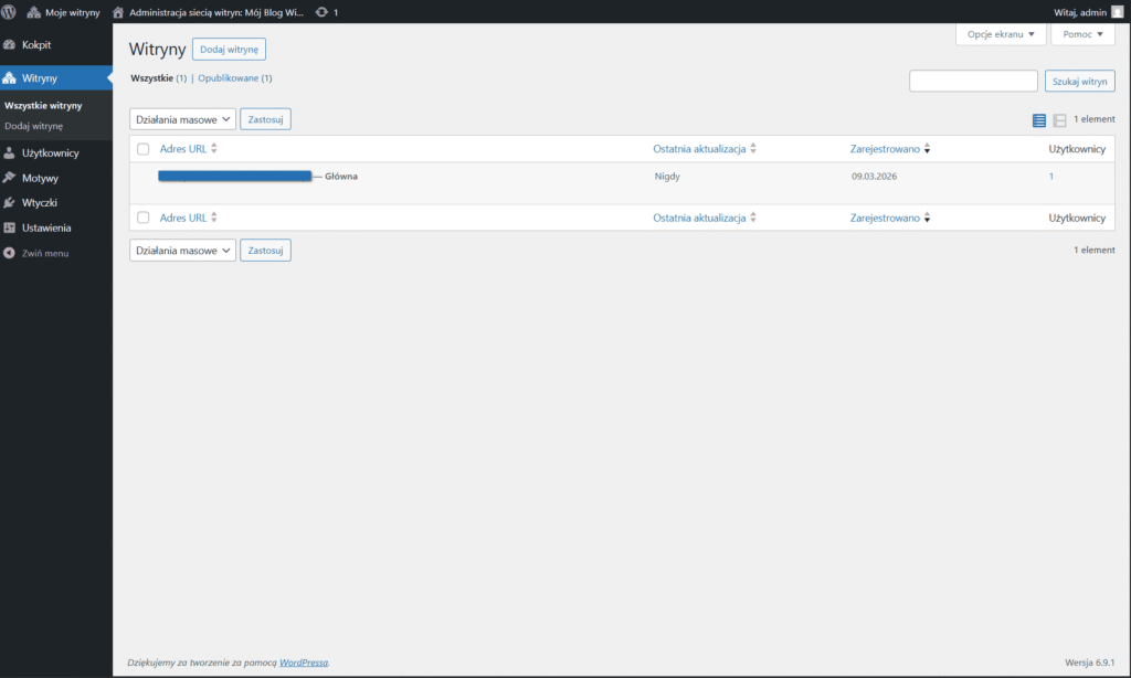 Widok listy witryn w panelu administracyjnym WordPress Multisite