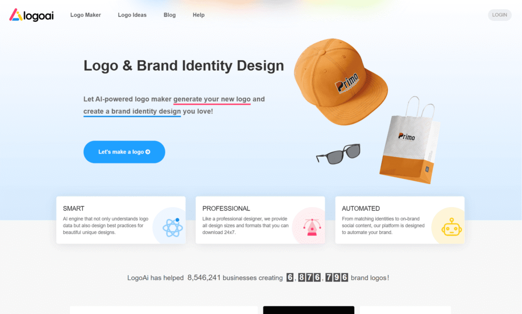 Strona LogoAI prezentująca możliwości projektowania marki z użyciem sztucznej inteligencji.