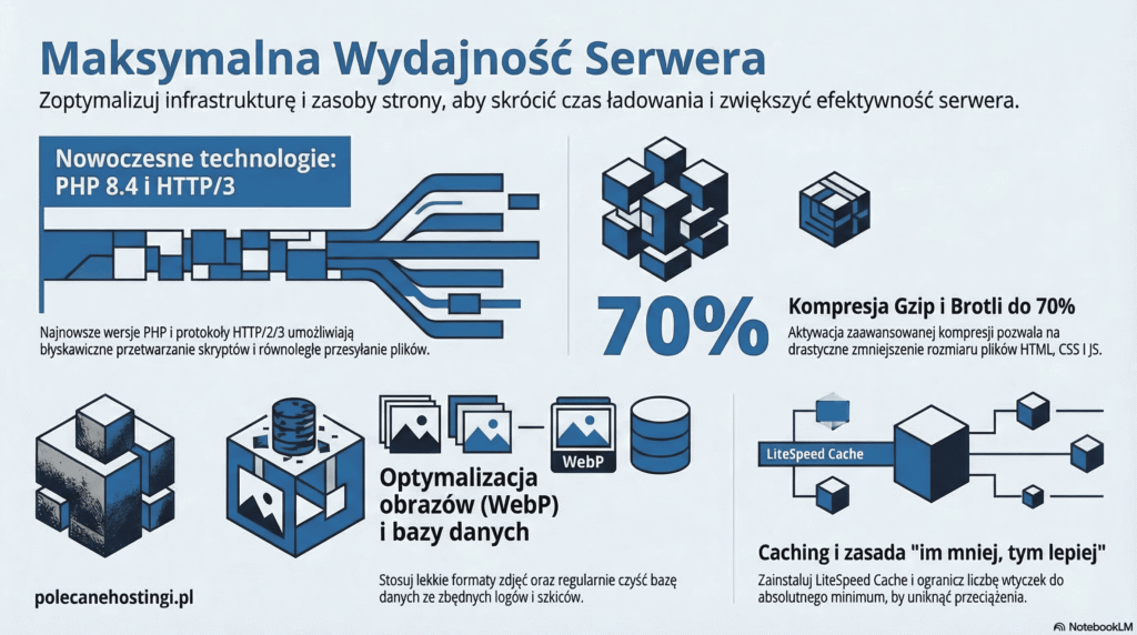 Schemat technologii wydajnego serwera: PHP 8.4, HTTP/3, kompresja Brotli, WebP i LiteSpeed Cache.