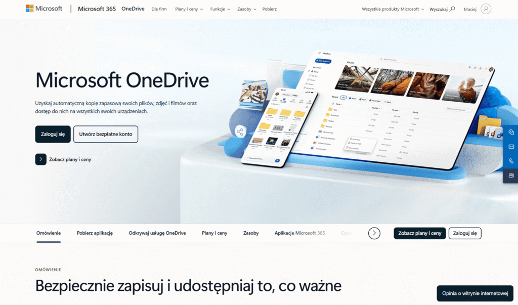 Prezentacja interfejsu Microsoft OneDrive na tablecie i komputerze.