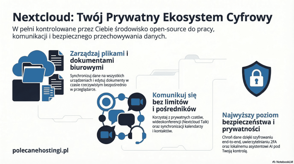Funkcje Nextcloud: zarządzanie plikami, komunikacja wideo, kalendarz oraz szyfrowanie end-to-end z lokalnym AI.