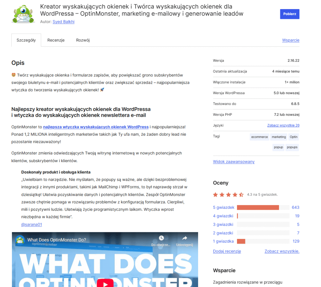 Wtyczka OptinMonster do tworzenia okienek pop-up i generowania leadów.