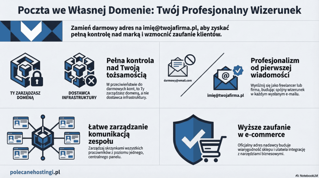 Porównanie darmowego adresu e-mail z pocztą we własnej domenie, podkreślające zaufanie, kontrolę i profesjonalizm.