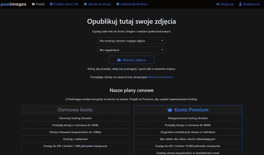 Ciemny interfejs strony Postimages z opcjami zmiany rozmiaru i wygaśnięcia linku.