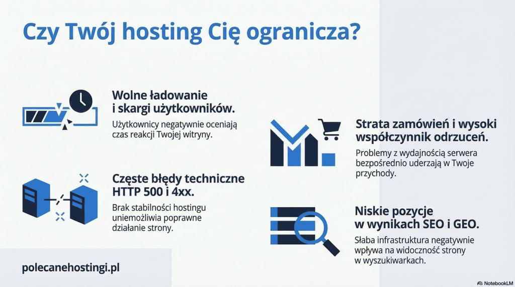 Ikony pokazujące skutki słabego hostingu: wolne ladowanie, bledy HTTP 500, strata zamowien i niskie pozycje SEO.