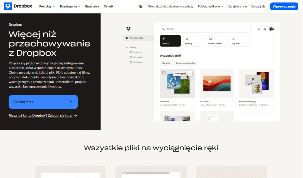 Strona główna Dropbox z opisem funkcji przechowywania i udostępniania plików.