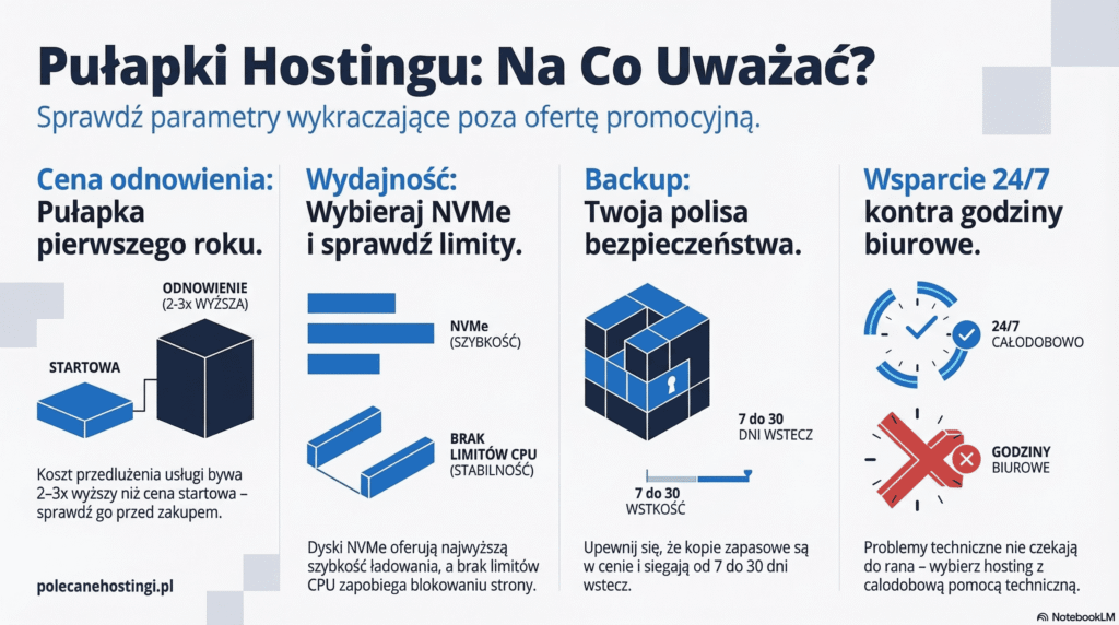Infografika przedstawiająca 4 pułapki hostingu: wzrost ceny odnowienia, limity wydajności NVMe, okres przechowywania backupu oraz dostępność wsparcia 24/7.