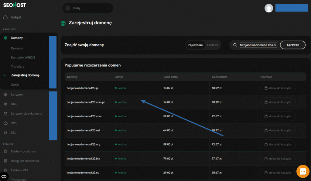 Wyszukiwarka wolnych domen internetowych z cennikiem rozszerzeń