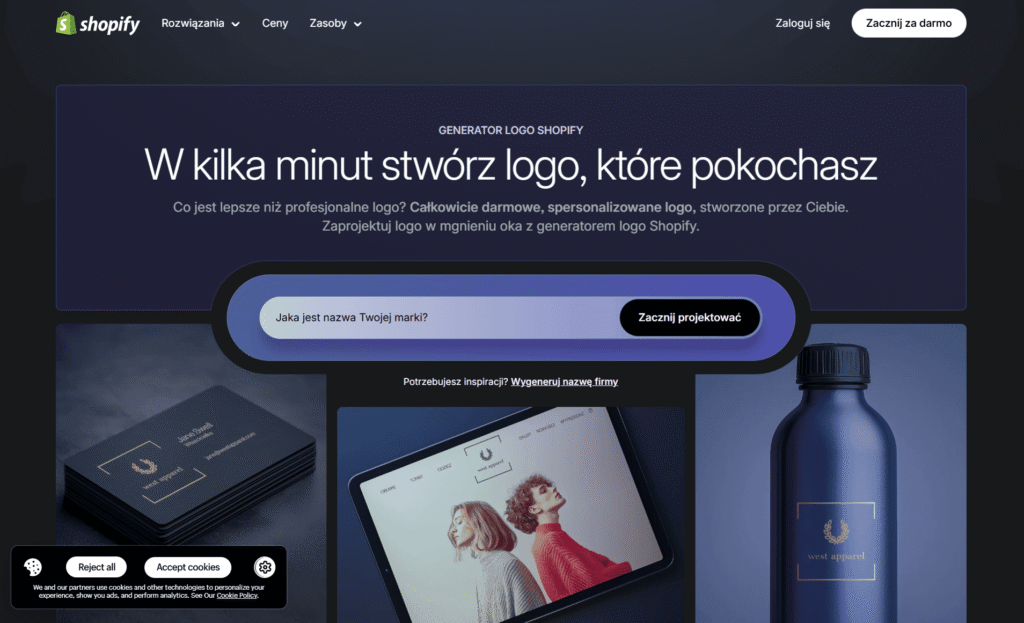 Darmowy generator logo Shopify w języku polskim z przykładami wizytówek.