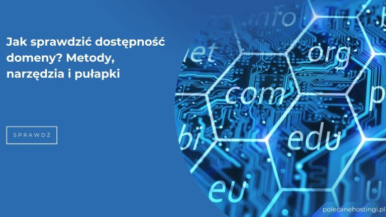 Grafika przedstawiająca sprawdzanie dostępności domeny internetowej z rozszerzeniami jak com, org, edu i eu