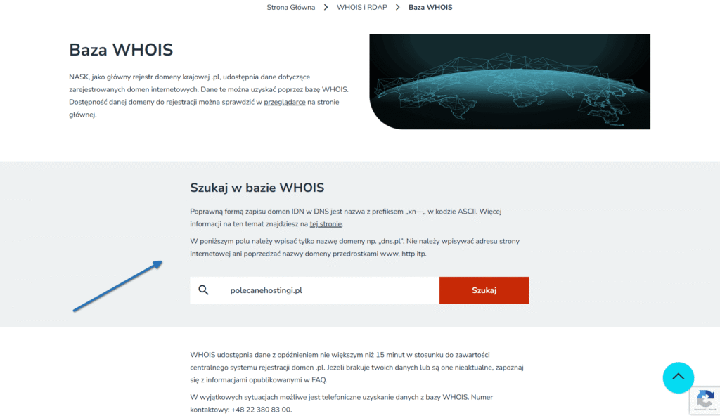 Formularz wyszukiwania w oficjalnej bazie WHOIS prowadzonej przez NASK dla domen .pl.