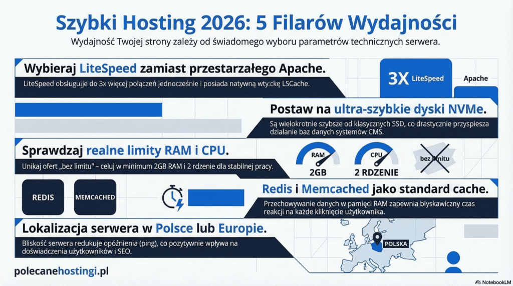Nowoczesne standardy hostingu 2026: LiteSpeed, NVMe, limity RAM/CPU, Redis i lokalizacja w Polsce.