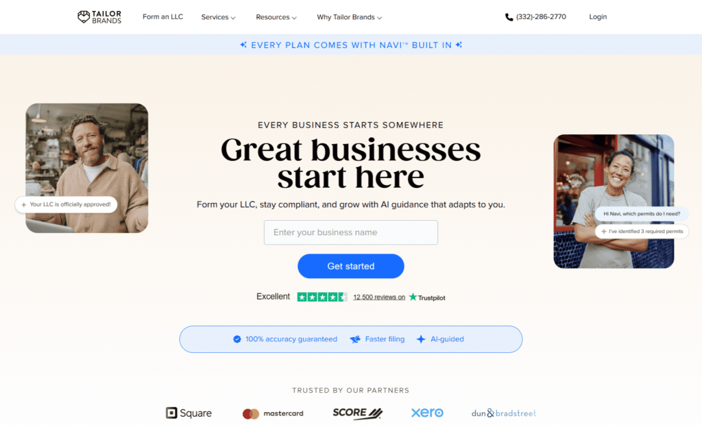 Serwis Tailor Brands oferujący pomoc w zakładaniu firmy i tworzeniu logo.