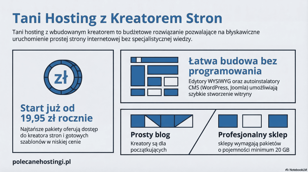 Zalety hostingu z kreatorem stron: cena od 19,95zl, edytor WYSIWYG, opcje dla bloga i sklepu 20GB.