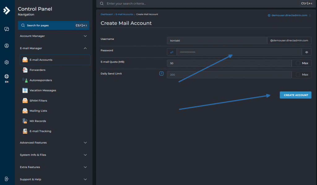 Formularz tworzenia nowego konta e-mail w DirectAdmin z polami na nazwę użytkownika i hasło.