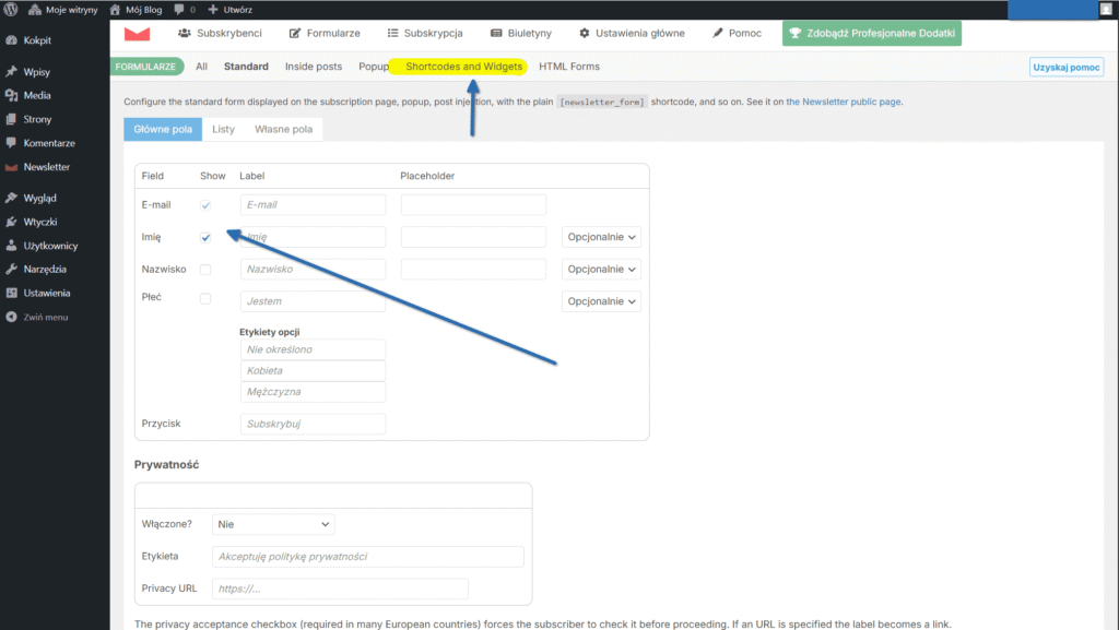 Edycja pól formularza zapisu wtyczki Newsletter w panelu WordPress.